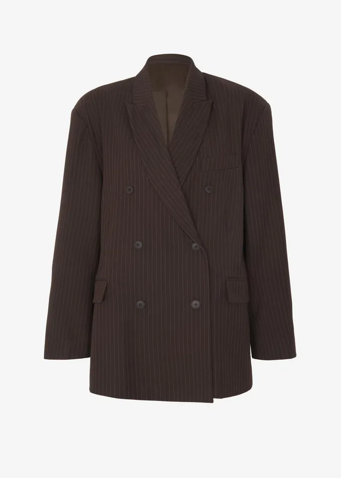 The Frankie Shop Outerwear Ivey Double Breasted Blazer 8211 BrownWhite Pinstripe 8211 Women