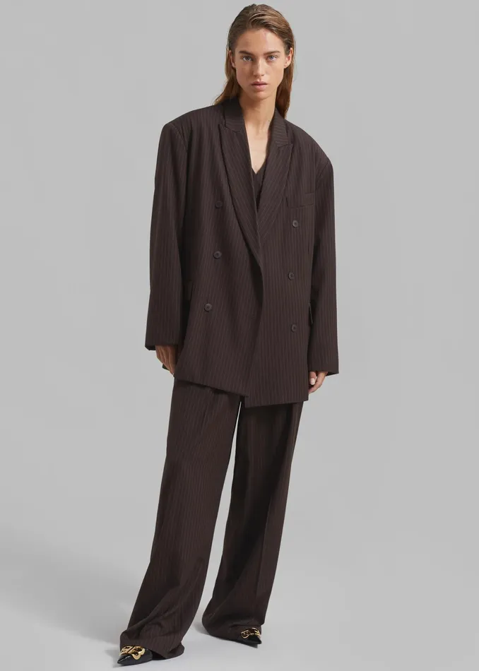 The Frankie Shop Outerwear Ivey Double Breasted Blazer 8211 BrownWhite Pinstripe 8211 Women