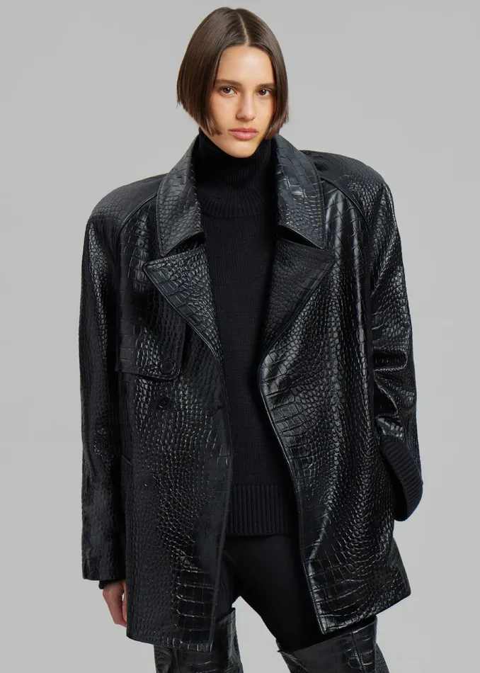 The Frankie Shop Outerwear Jackie CrocEffect Coat 8211 Black 8211 Women