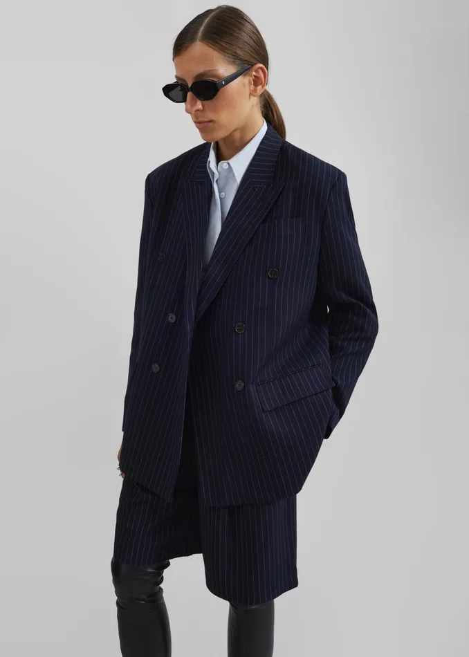 The Frankie Shop Outerwear Sava Double Breasted Blazer 8211 NavyWhite Stripe 8211 Women
