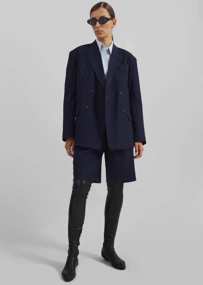The Frankie Shop Outerwear Sava Double Breasted Blazer 8211 NavyWhite Stripe 8211 Women