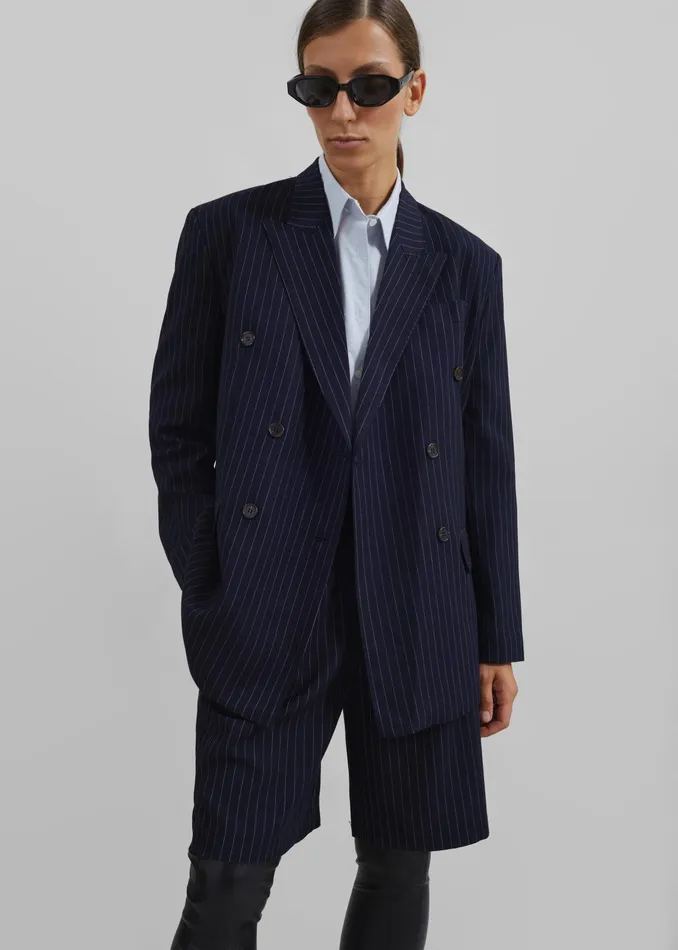 The Frankie Shop Outerwear Sava Double Breasted Blazer 8211 NavyWhite Stripe 8211 Women