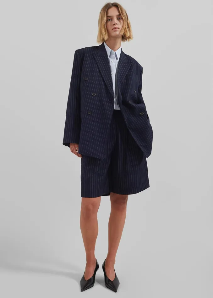 The Frankie Shop Outerwear Sava Double Breasted Blazer 8211 NavyWhite Stripe 8211 Women