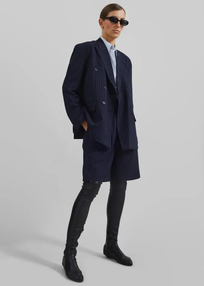 The Frankie Shop Outerwear Sava Double Breasted Blazer 8211 NavyWhite Stripe 8211 Women