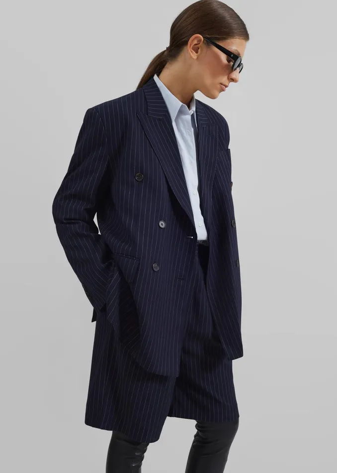 The Frankie Shop Outerwear Sava Double Breasted Blazer 8211 NavyWhite Stripe 8211 Women