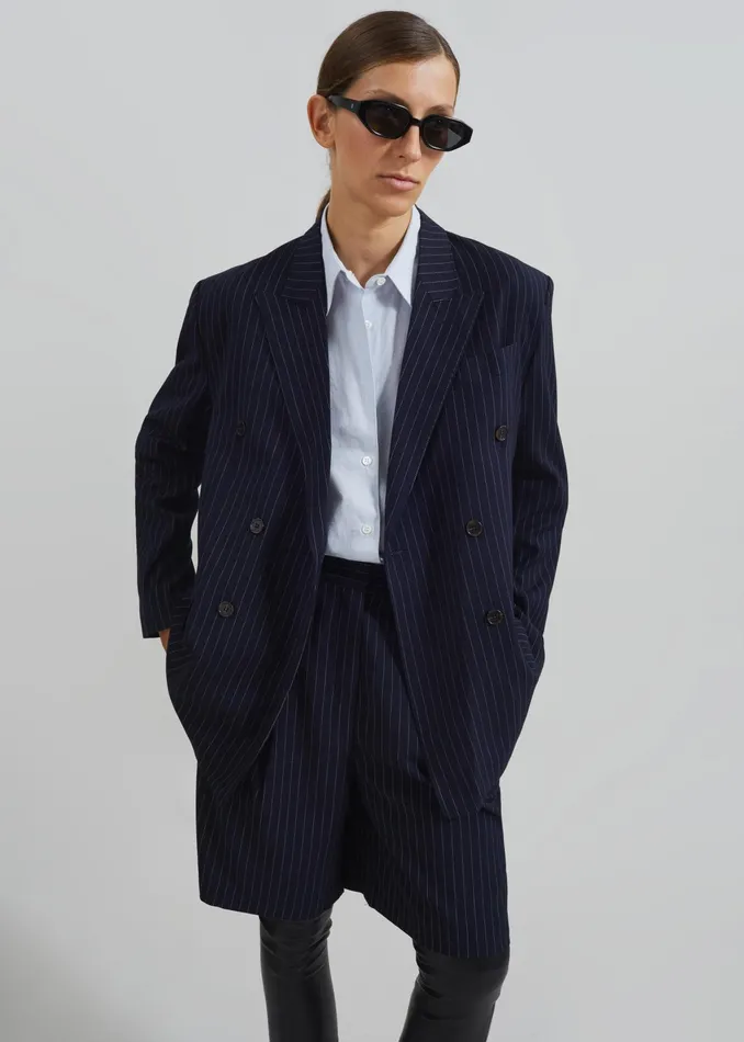 The Frankie Shop Outerwear Sava Double Breasted Blazer 8211 NavyWhite Stripe 8211 Women