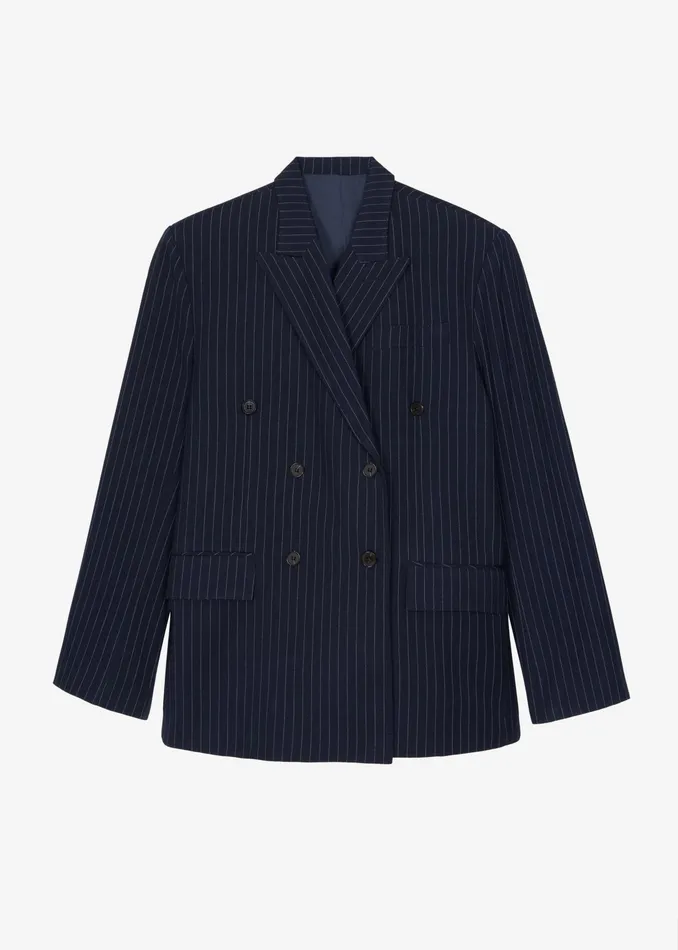 The Frankie Shop Outerwear Sava Double Breasted Blazer 8211 NavyWhite Stripe 8211 Women