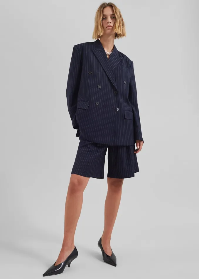 The Frankie Shop Outerwear Sava Double Breasted Blazer 8211 NavyWhite Stripe 8211 Women