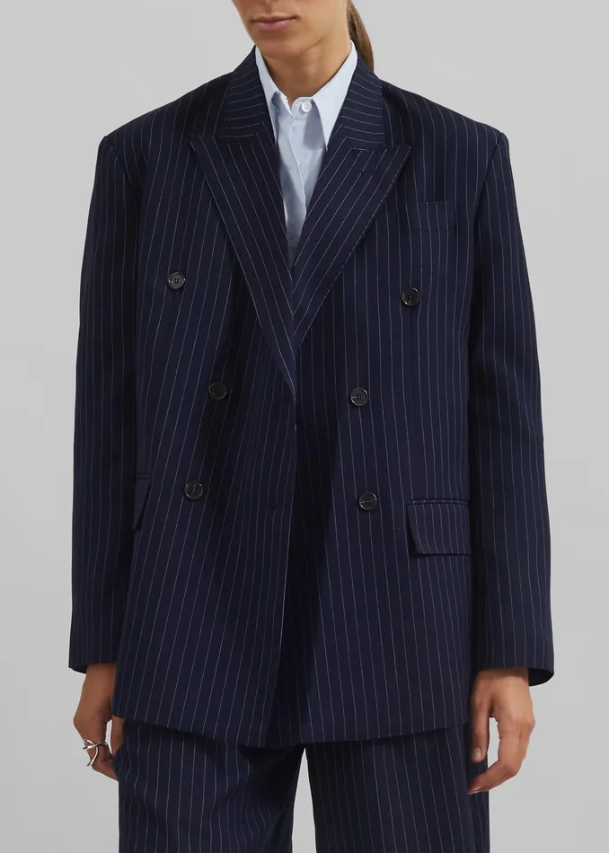 The Frankie Shop Outerwear Sava Double Breasted Blazer 8211 NavyWhite Stripe 8211 Women