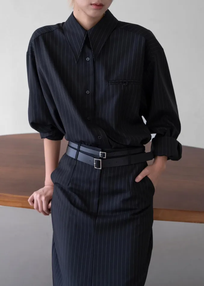 The Frankie Shop Tops Kerry Button Up Shirt 8211 Black Pinstripe 8211 Women