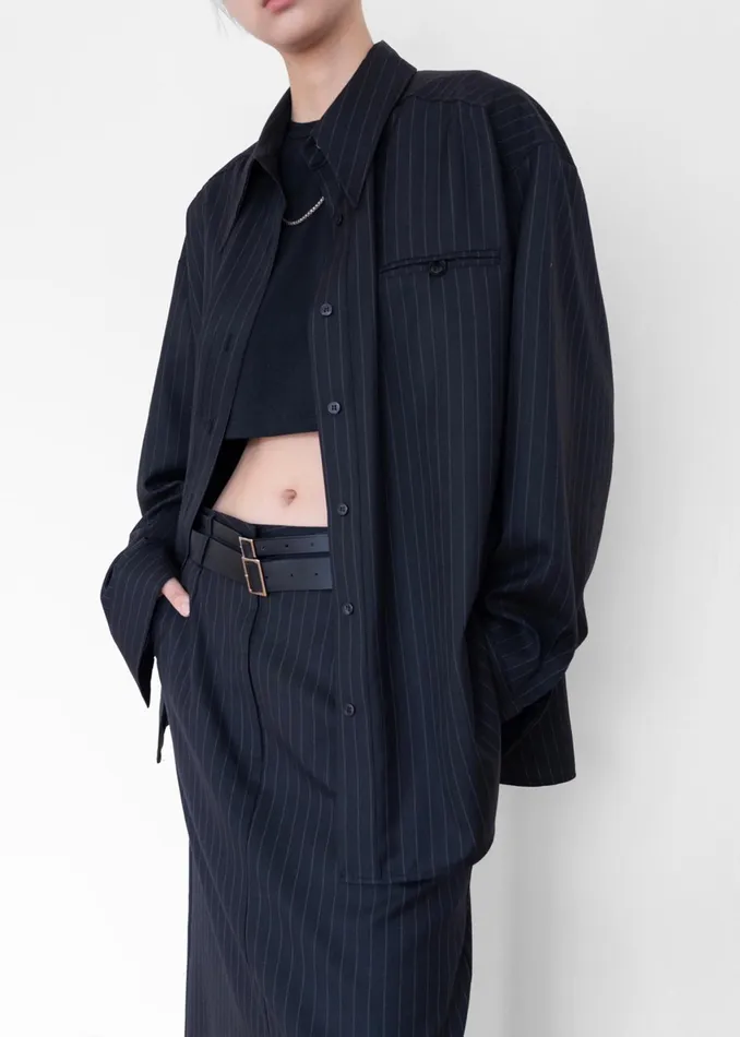 The Frankie Shop Tops Kerry Button Up Shirt 8211 Black Pinstripe 8211 Women