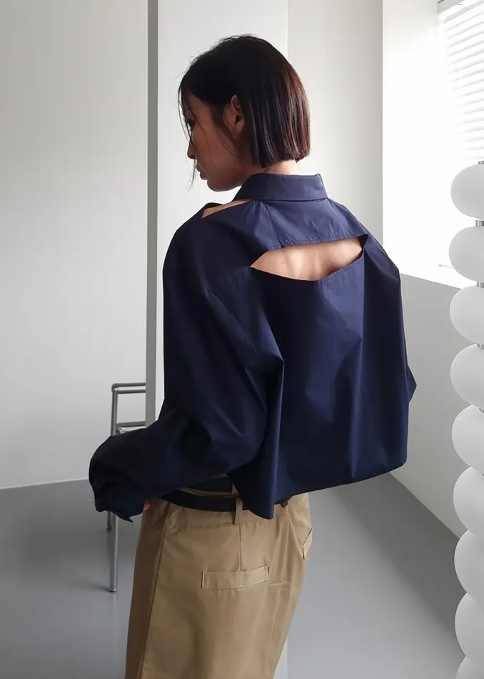 The Frankie Shop Tops Lara Open Shoulder Cropped Shirt 8211 Navy 8211 Women