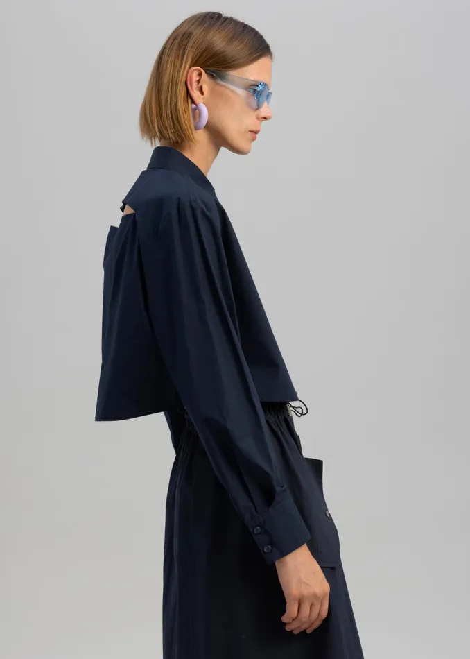 The Frankie Shop Tops Lara Open Shoulder Cropped Shirt 8211 Navy 8211 Women