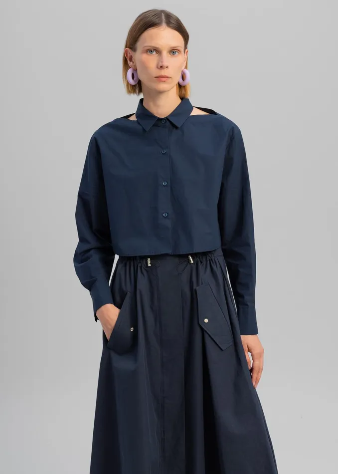 The Frankie Shop Tops Lara Open Shoulder Cropped Shirt 8211 Navy 8211 Women
