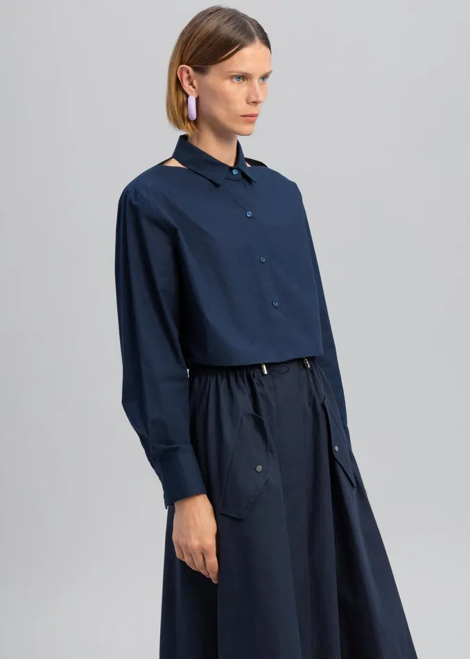 The Frankie Shop Tops Lara Open Shoulder Cropped Shirt 8211 Navy 8211 Women
