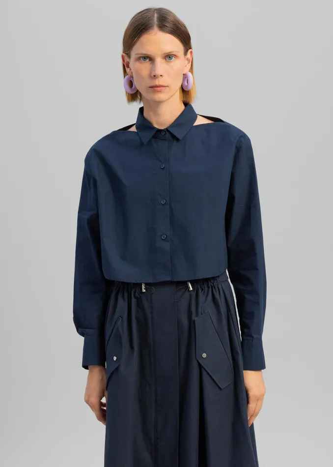 The Frankie Shop Tops Lara Open Shoulder Cropped Shirt 8211 Navy 8211 Women