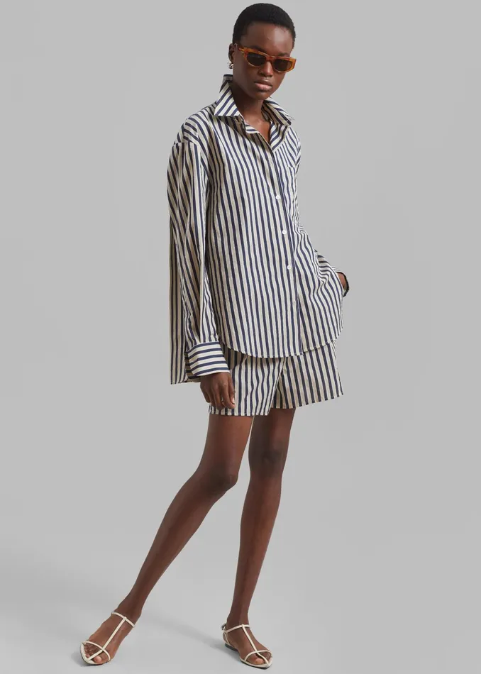 The Frankie Shop Tops Lui Textured Shirt 8211 BeigeNavy Multi Stripe 8211 Women