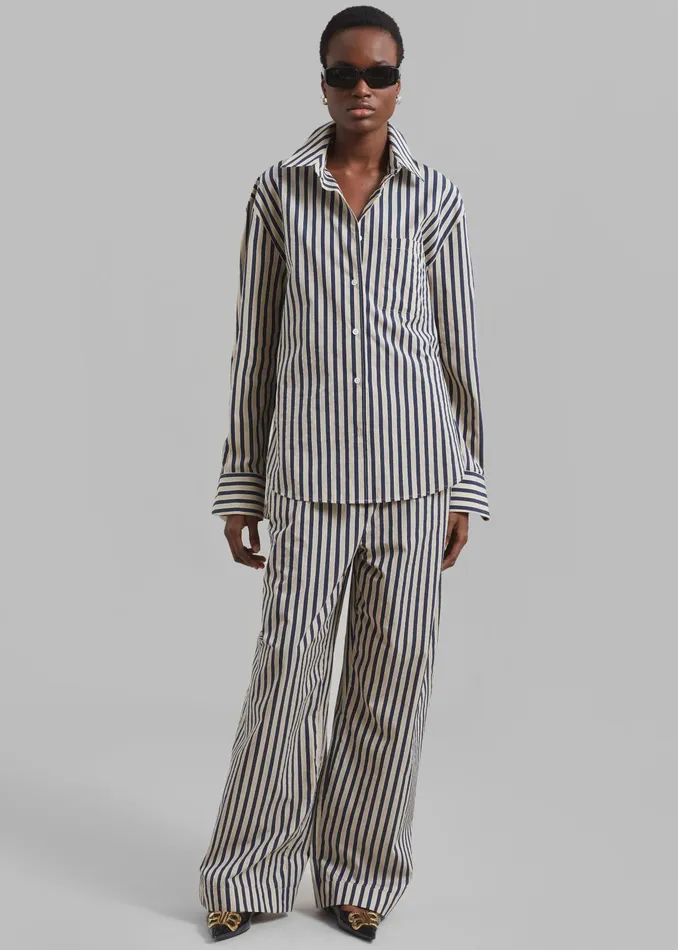 The Frankie Shop Tops Lui Textured Shirt 8211 BeigeNavy Multi Stripe 8211 Women