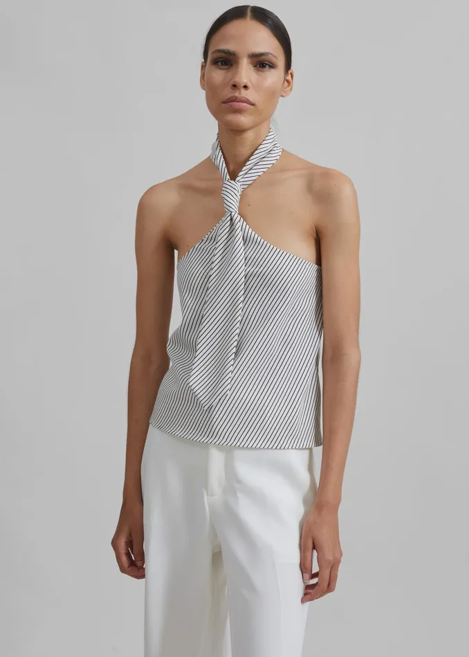 The Frankie Shop Tops Sophie Tie Halter Top 8211 WhiteNavy Stripe 8211 Women