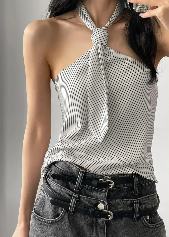 The Frankie Shop Tops Sophie Tie Halter Top 8211 WhiteNavy Stripe 8211 Women