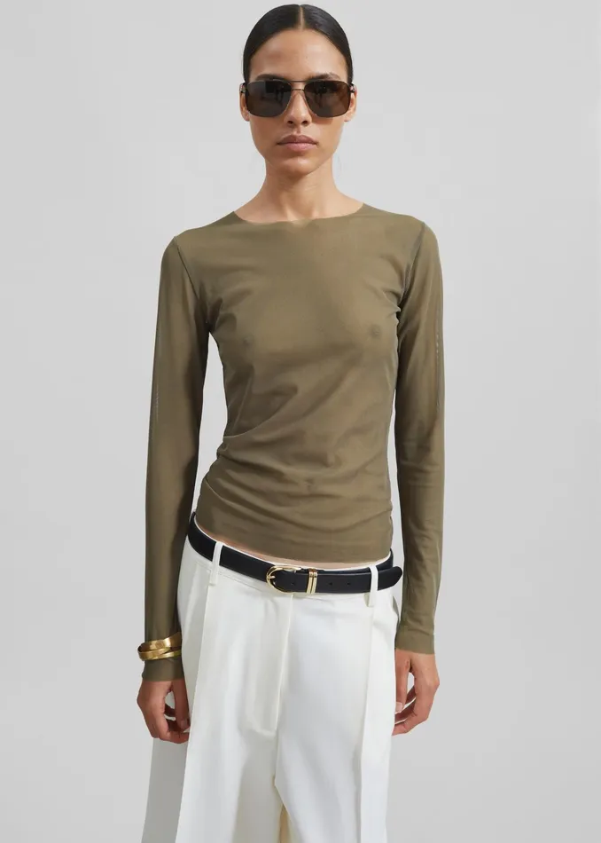 The Frankie Shop Tops Stace Sheer Long Sleeve Tee 8211 Khaki 8211 Women