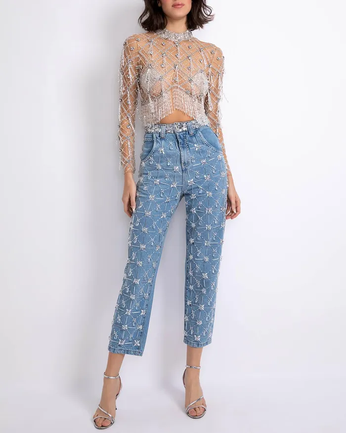 Tops and Bodysuits Women PatBO HandBeaded High Neck Cropped Top FINAL SALE