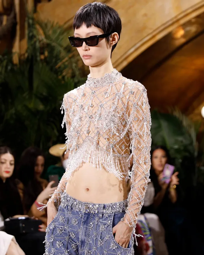 Tops and Bodysuits Women PatBO HandBeaded High Neck Cropped Top FINAL SALE