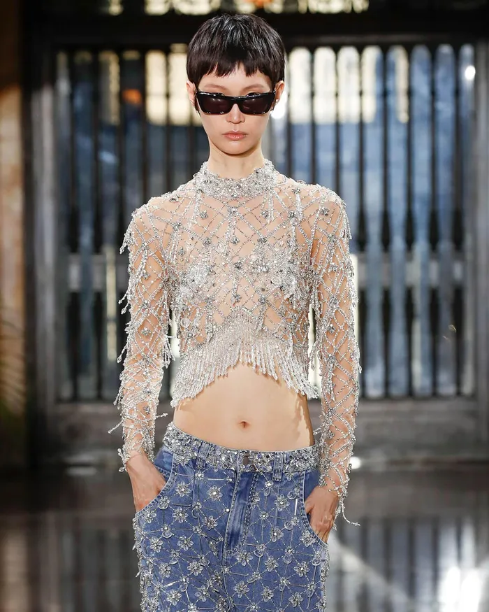 Tops and Bodysuits Women PatBO HandBeaded High Neck Cropped Top FINAL SALE