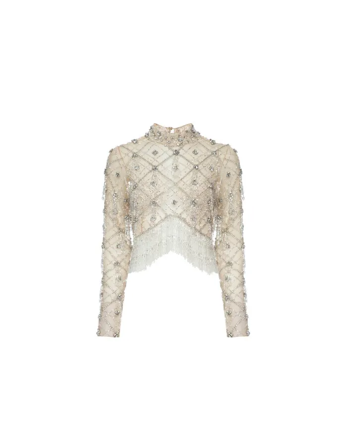 Tops and Bodysuits Women PatBO HandBeaded High Neck Cropped Top FINAL SALE