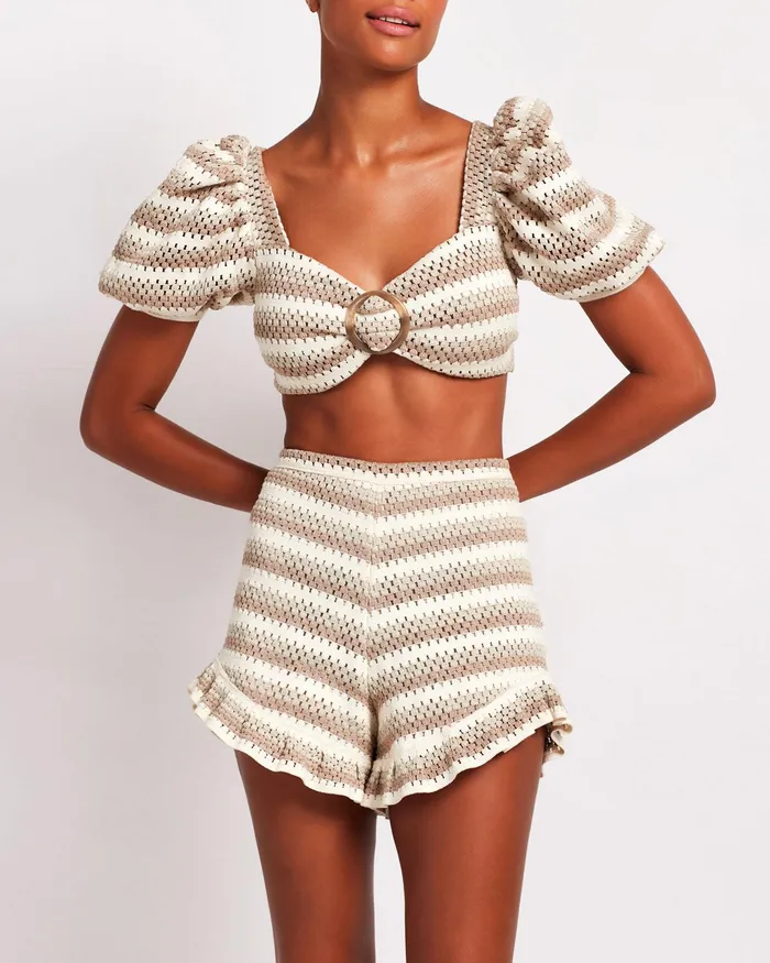 Tops and Bodysuits Women PatBO Striped Crochet Puff Sleeve Cropped Top FINAL SALE Tops and Bodysuits Women PatBO Striped Crochet Puff Sleeve Cropped Top FINAL SALE