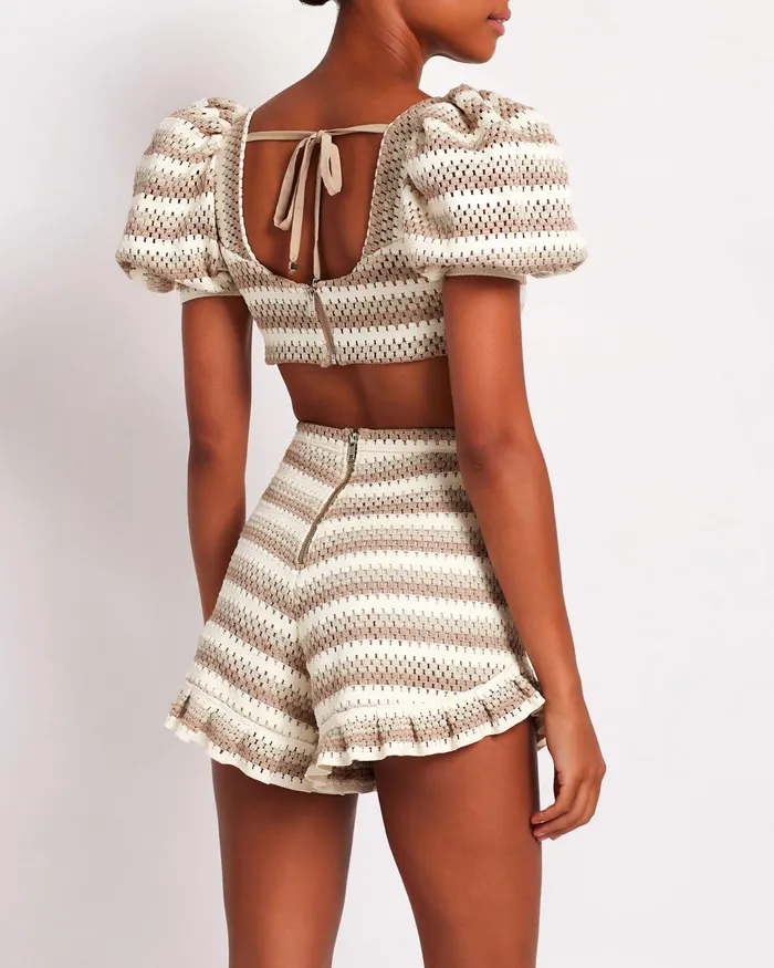 Tops and Bodysuits Women PatBO Striped Crochet Puff Sleeve Cropped Top FINAL SALE