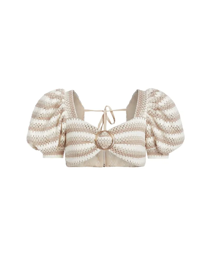 Tops and Bodysuits Women PatBO Striped Crochet Puff Sleeve Cropped Top FINAL SALE