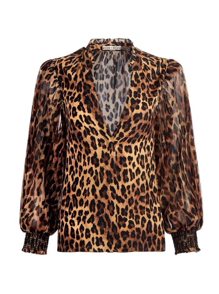 Tops Women Alice Olivia Ilan Button Front Blouse Spotted Leopard Dark Tan