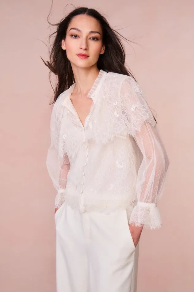 Tops Women LoveShackFancy Duquette Sheer Lace Top Ivory