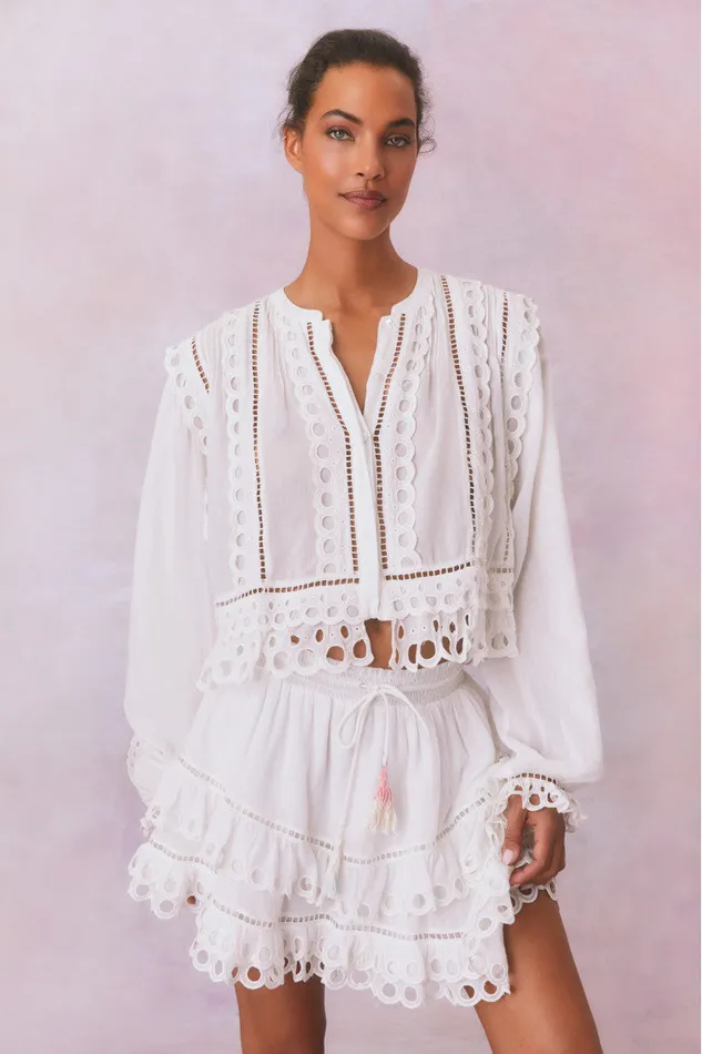Tops Women LoveShackFancy Kava Eyelet Cotton Blouse Soft White