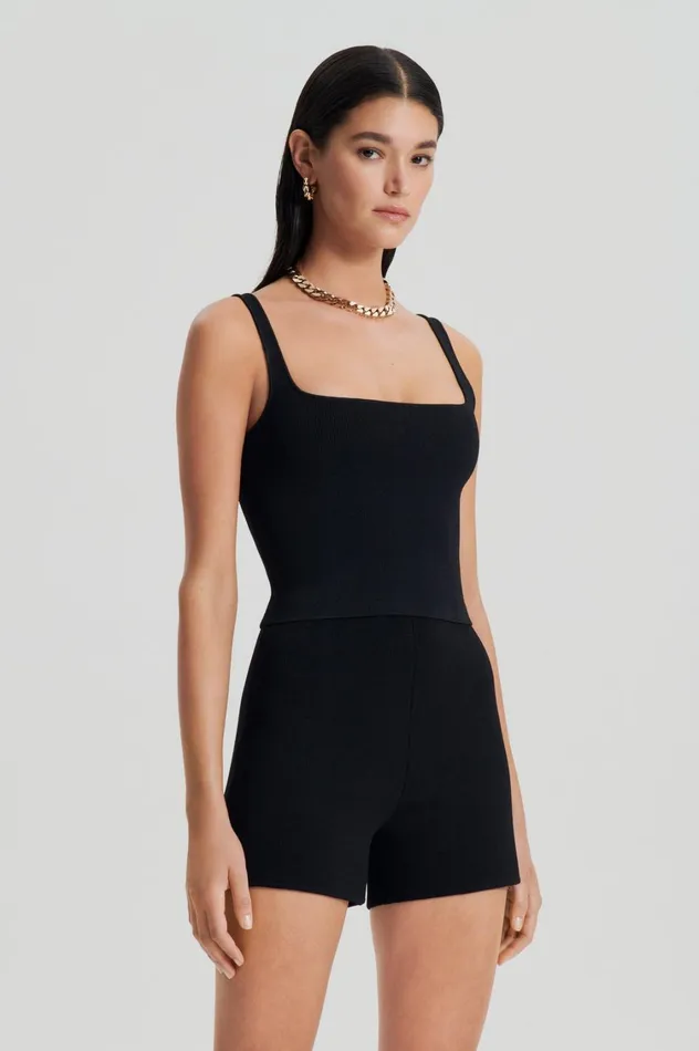 Tops Women Scanlan Theodore CREPE KNIT SQUARE CAMISOLE Black Tops Women Scanlan Theodore CREPE KNIT SQUARE CAMISOLE Black