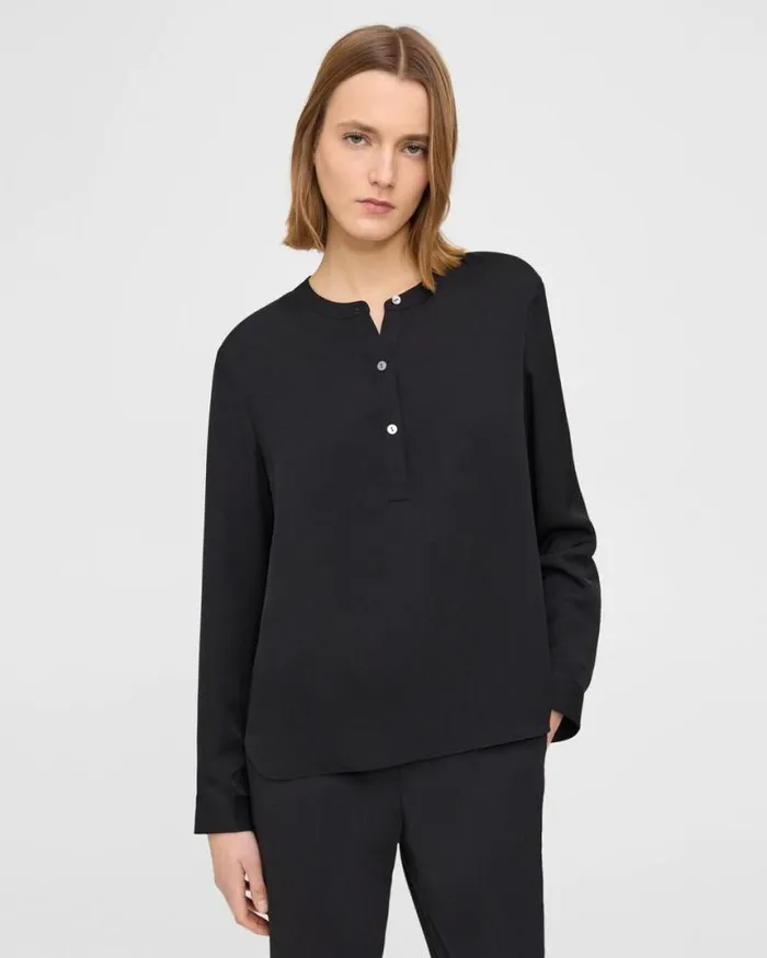 Tops Women Theory Henley Blouse In Silk Georgette Black