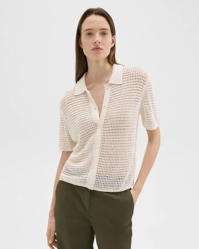 Tops Women Theory Mesh ShortSleeve Shirt In LinenViscose Bone