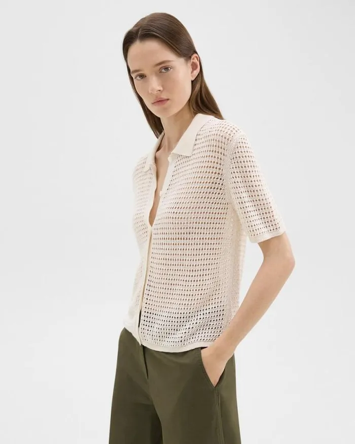 Tops Women Theory Mesh ShortSleeve Shirt In LinenViscose Bone Tops Women Theory Mesh ShortSleeve Shirt In LinenViscose Bone
