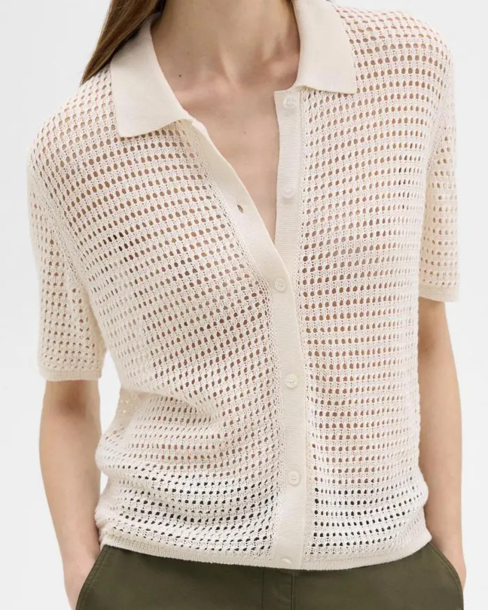 Tops Women Theory Mesh ShortSleeve Shirt In LinenViscose Bone Tops Women Theory Mesh ShortSleeve Shirt In LinenViscose Bone