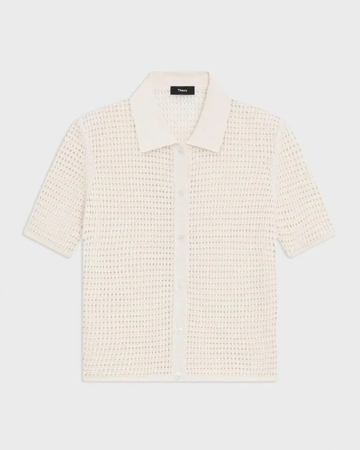 Tops Women Theory Mesh ShortSleeve Shirt In LinenViscose Bone Tops Women Theory Mesh ShortSleeve Shirt In LinenViscose Bone