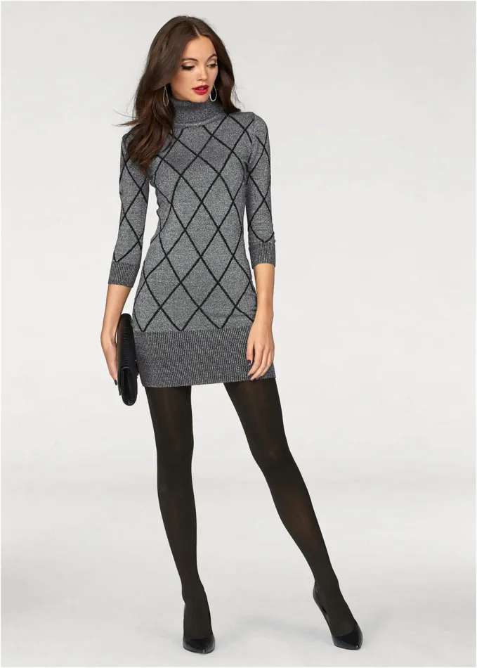 TURTLENECK SWEATER DRESS Grey and Black Women VENUS Short Dresses