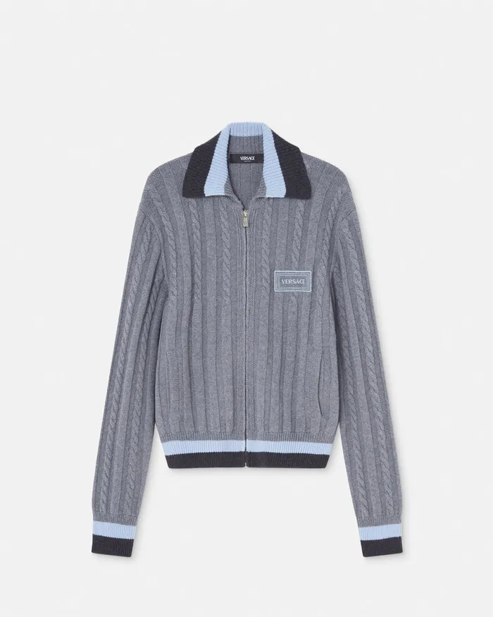 Versace 90s Vintage Logo Knit Zip Jumper Gray Men Knitwear
