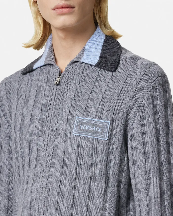Versace 90s Vintage Logo Knit Zip Jumper Gray Men Knitwear