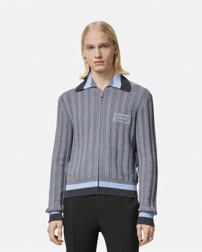 Versace 90s Vintage Logo Knit Zip Jumper Gray Men Knitwear
