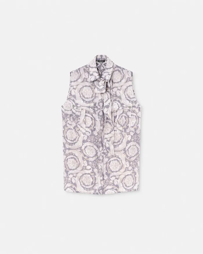 Versace Barocco Lavallire Silk Crpe Top Gray Women Shirts and Tops