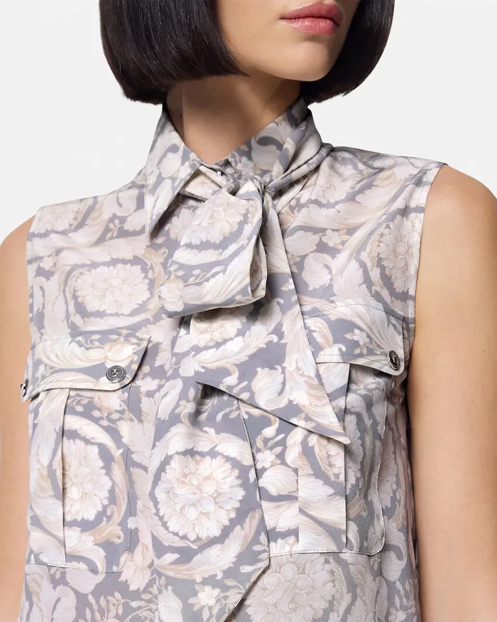 Versace Barocco Lavallire Silk Crpe Top Gray Women Shirts and Tops