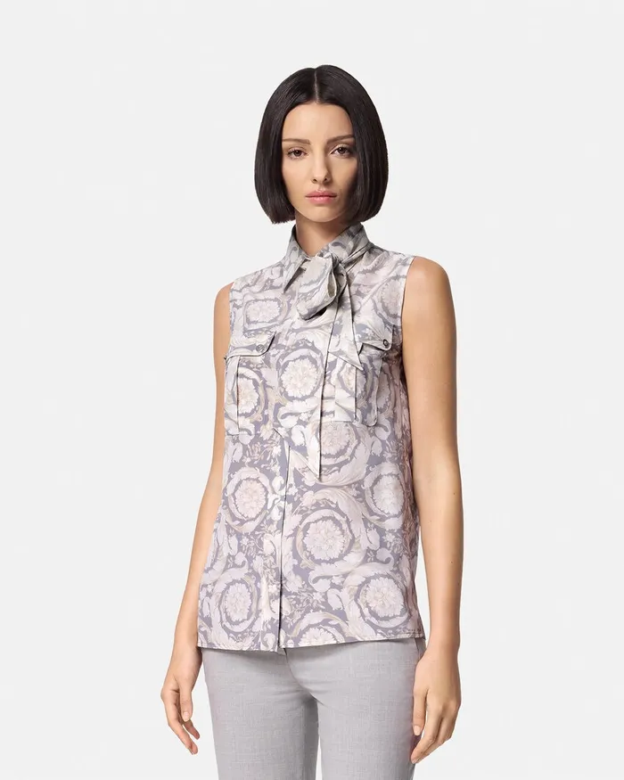 Versace Barocco Lavallire Silk Crpe Top Gray Women Shirts and Tops