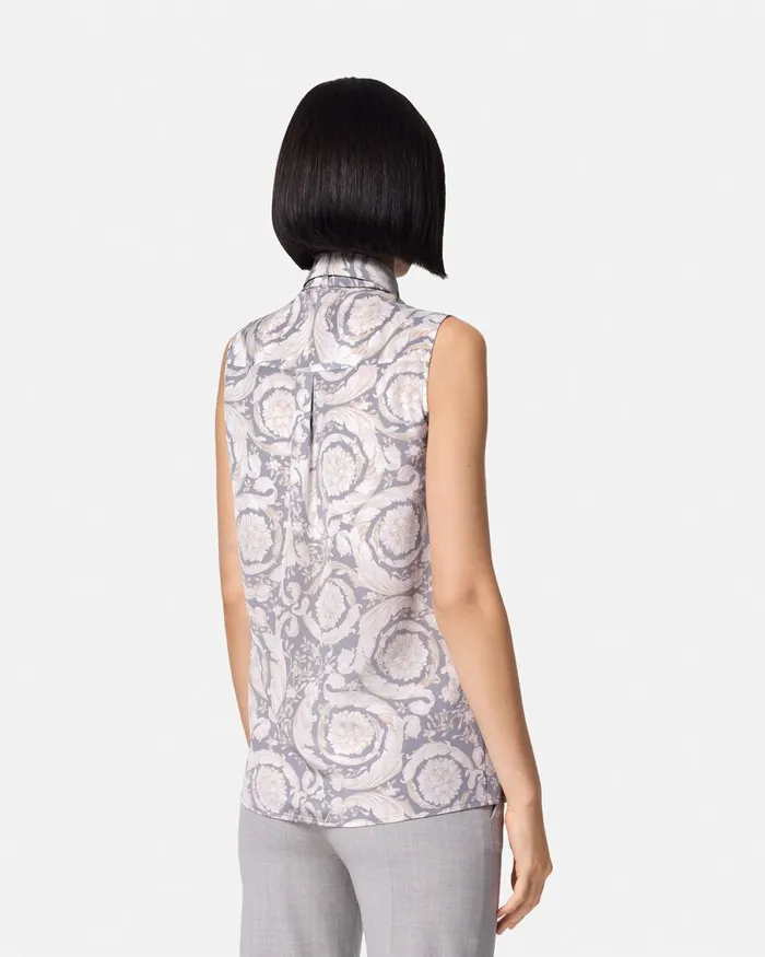 Versace Barocco Lavallire Silk Crpe Top Gray Women Shirts and Tops