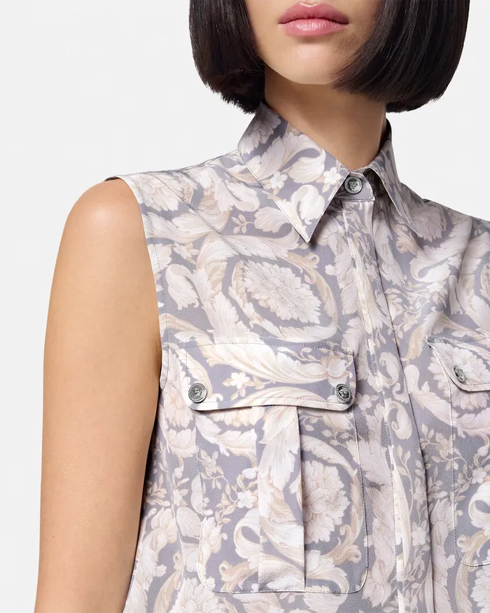 Versace Barocco Lavallire Silk Crpe Top Gray Women Shirts and Tops